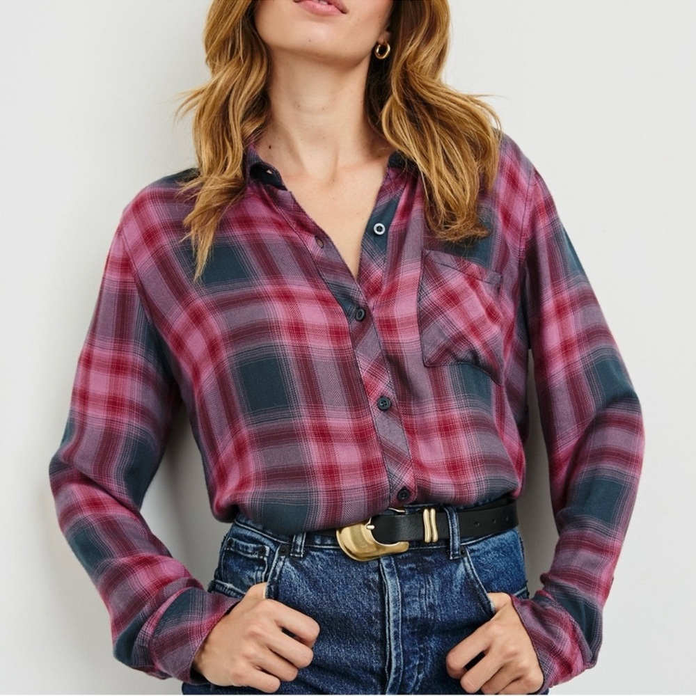 Rails Hunter Gray Pink Button Down Plaid Shirt Top size XS